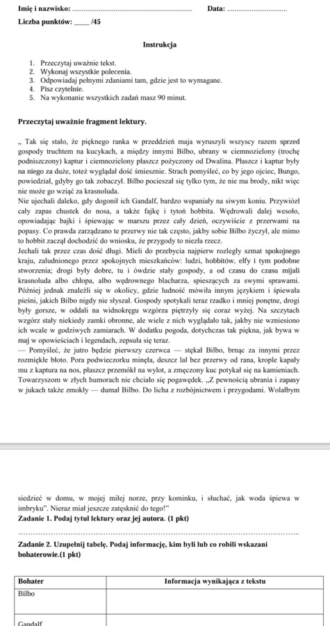 test podsumowujący z j. polskiego dla kl. VI wg wzoru arkusza egzaminacyjnego