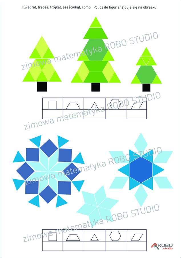 Zimowa matematyka- policz kształty, figury geometryczne, kwadrat, trójkąt, romb, trapez, sześciokąt