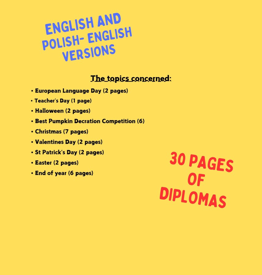 Dyplomy/ Certyfikaty Diplomas język angielski. Zestaw w 2 wersjach językowych, na różne okazje.