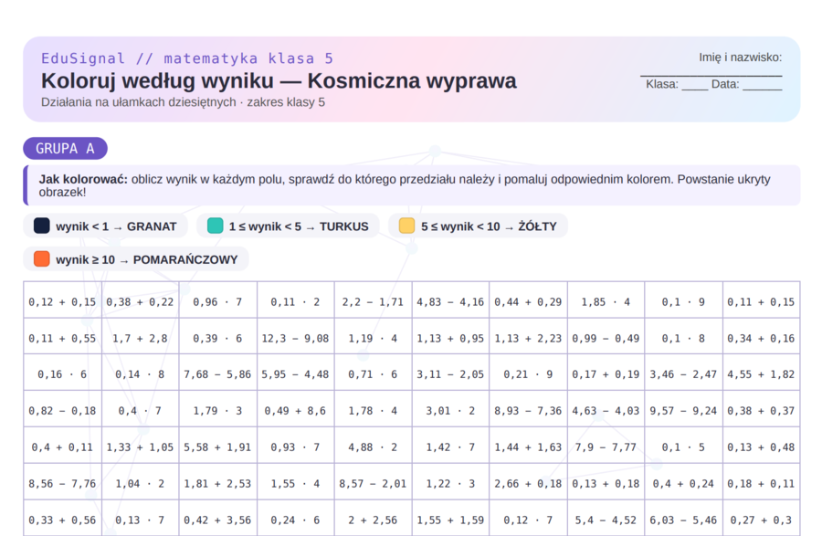 Kosmiczna wyprawa — koloruj według wyniku | Ułamki dziesiętne, klasa 5