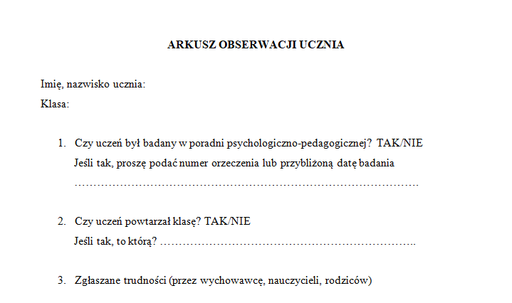 Arkusz obserwacji pedagoga specjalnego