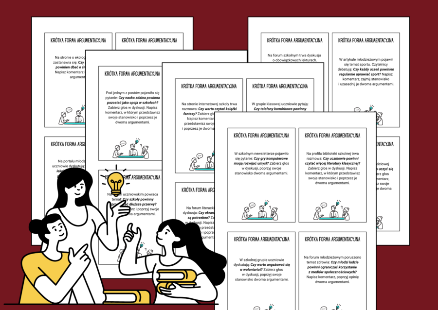 📚  KRÓTKA  WYPOWIEDŹ  ARGUMENTACYJNA (E8) - fiszki - egzamin - klasy 7-8 - powtórka - 88 szt.
