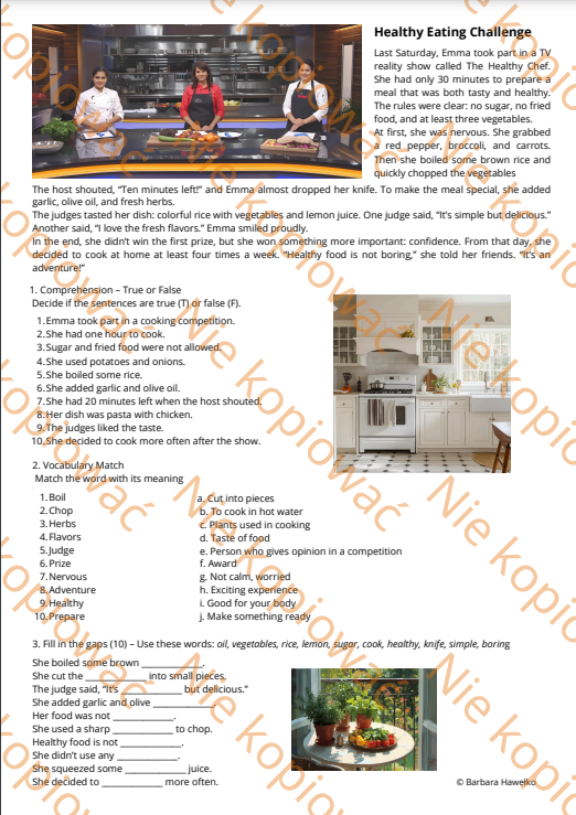 Karta Pracy Czytanka Healthy Eating Challenge A2+/B1