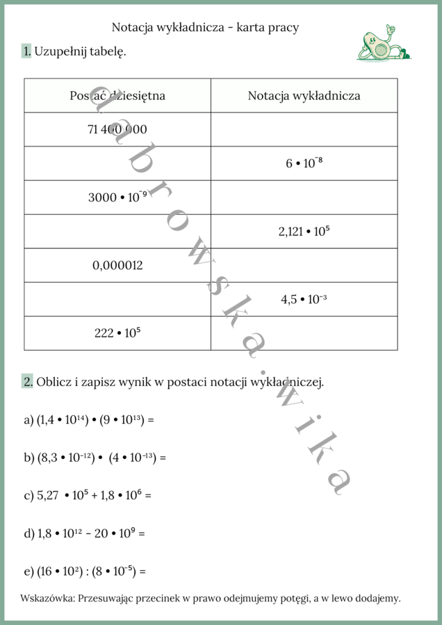 Notacja wykładnicza - karta pracy