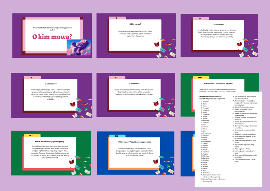 O KIM MOWA? – bohaterowie mitów, legend i przypowieści – prezentacja - 56 slajdów –mity - mitologia - legenda- przypowieść - kl. 4-8 + odpowiedzi