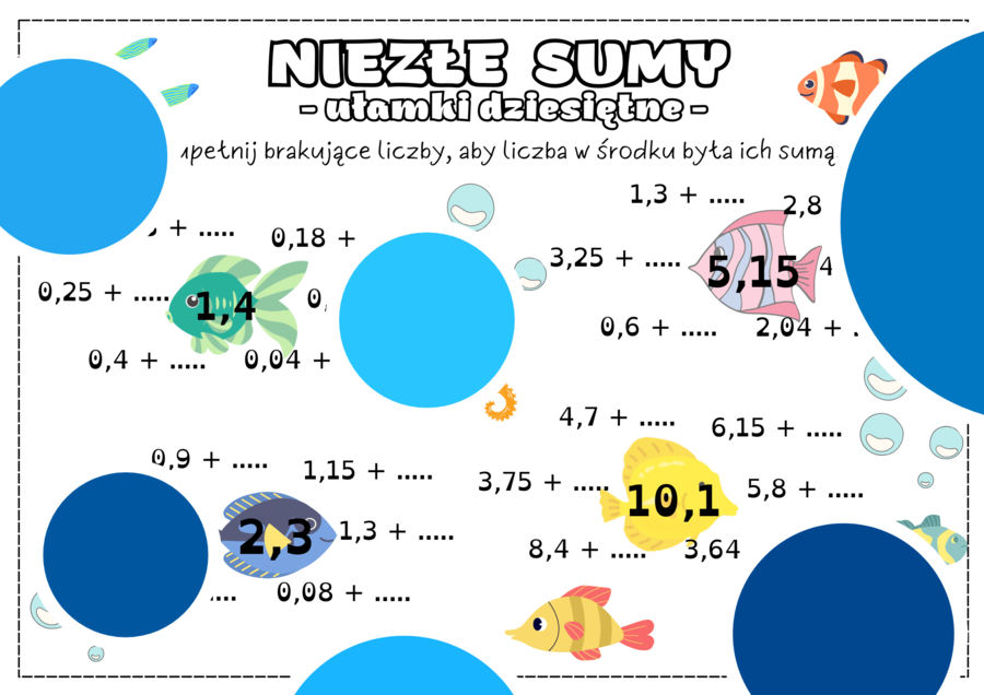 Niezłe sumy. Dodawanie i odejmowanie ułamków dziesiętnych. Ułamki dziesiętne. Klasa 4. Klasa 5. Klasa 6.