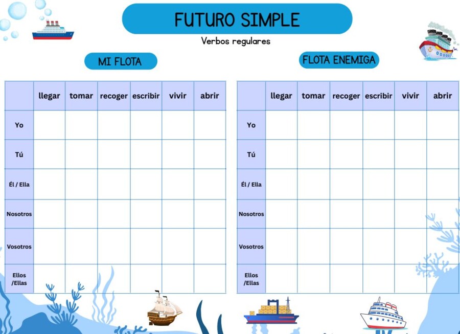Gra w statki - plansze do gry z hiszpańskimi czasownikami (czas przyszły, tryb warunkowy)