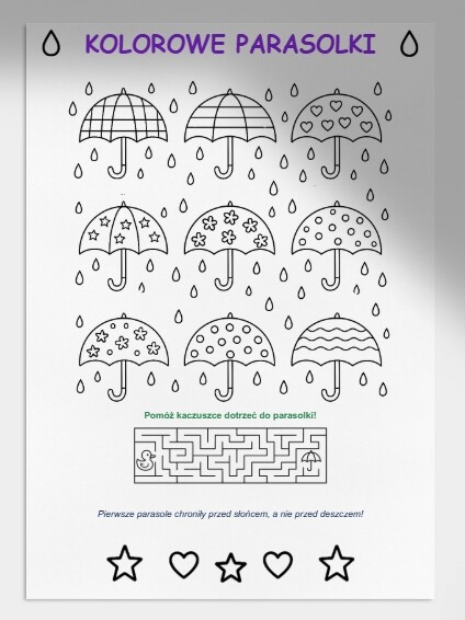 Kolorowanki: parasolki, kalosze, deszcz.