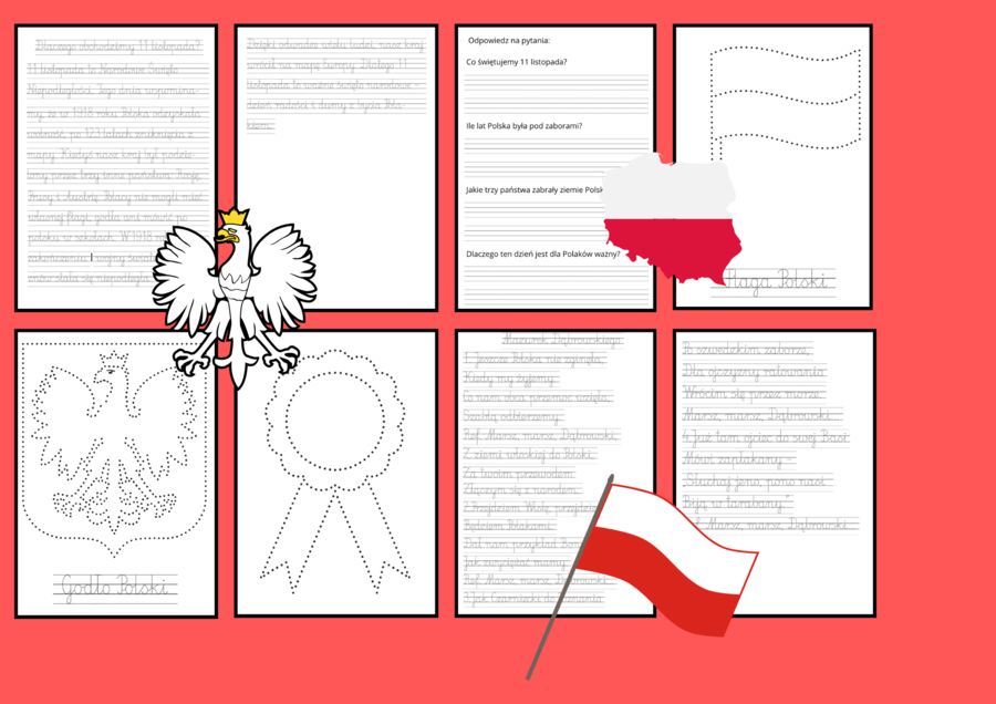 🇵🇱 ŚWIĘTO NIEPODLEGŁOŚCI – 8 stron zestaw do pisania po śladzie Terapia ręki + edukacja patriotyczna w jednym!