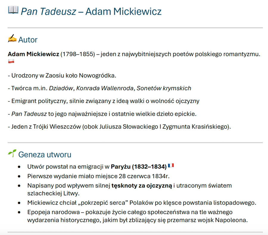 Notatka "Pan Tadeusz" Adama Mickiewicza