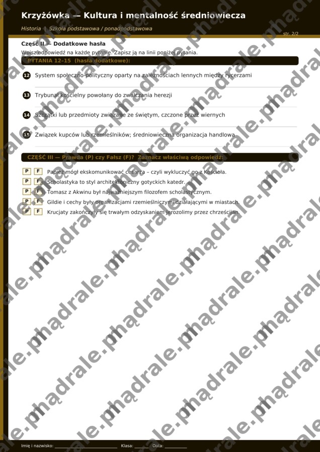 KRZYŻÓWKA "KULTURA I MENTALNOŚĆ ŚREDNIOWIECZA" KARTA PRACY + KLUCZ ODPOWIEDZI