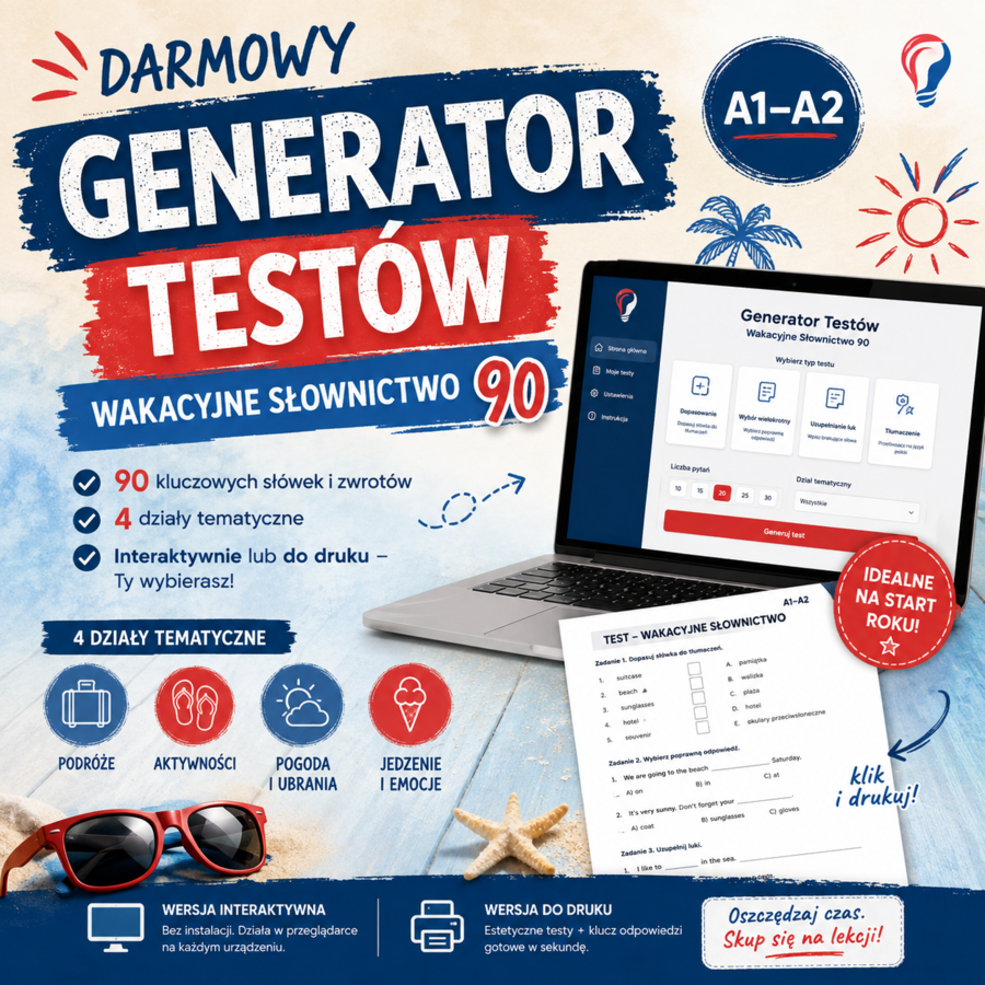 DARMOWY Generator Testów - Wakacyjne Słownictwo 90 (A1–A2) | Język Angielski