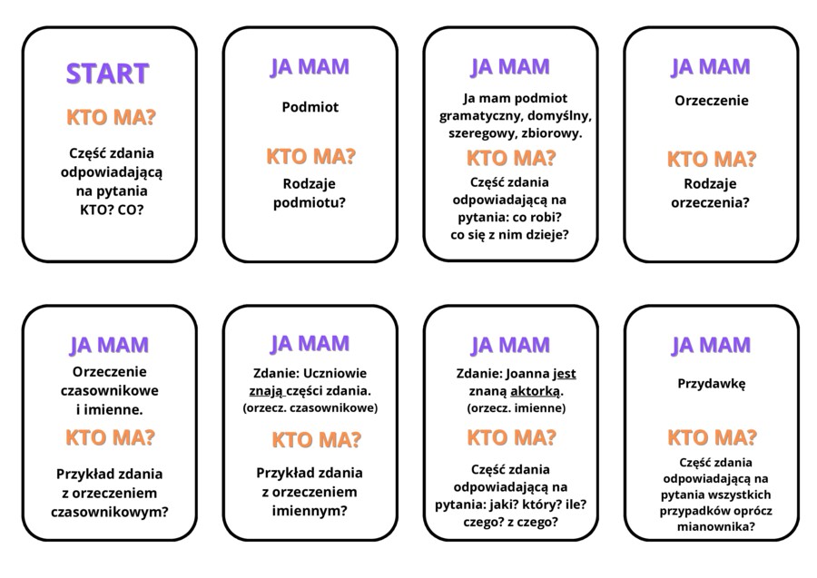 Części zdania- gra w domino (wersja bez koloru) #części zdania #powtórka #powtórzenie materiału