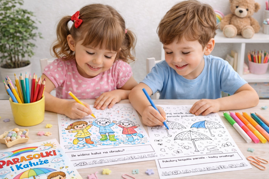 Kolorowanka: Parasolki i kałuże