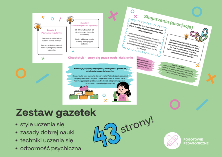 Zestaw gazetek klasowych na cały rok szkolny. Style uczenia się, zasady dobrej nauki, techniki uczenia się, odporność psychiczna.
