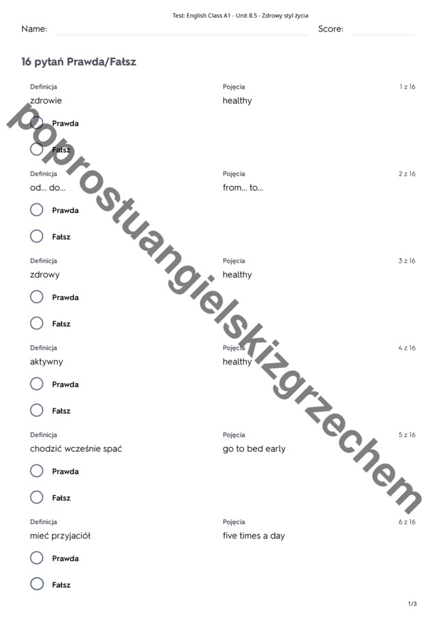 English Class A1 - Unit 8 - testy