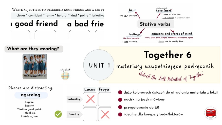 Together 6, unit 1, materiały uzupełniające podręcznik, no-prep, stative verbs, language functions