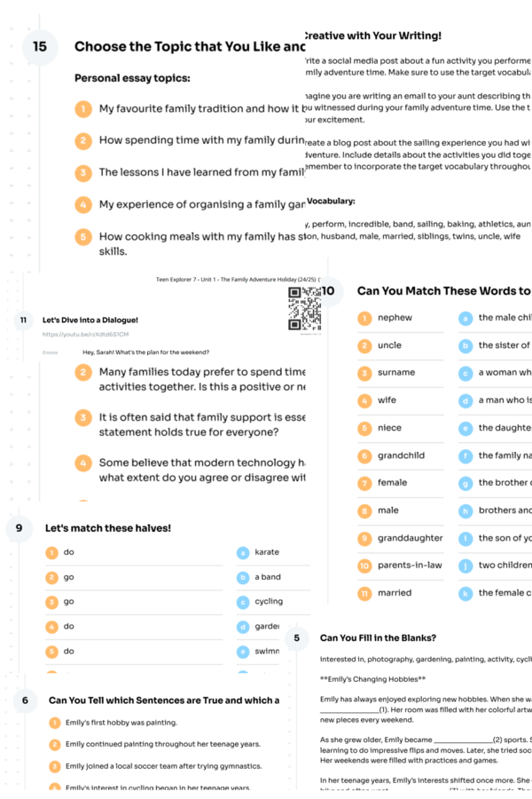 Teen Explorer 7 – Unit 1 – karta pracy – The Family Adventure Holiday (24/25) – family, activities – Krzyżówka GRATIS