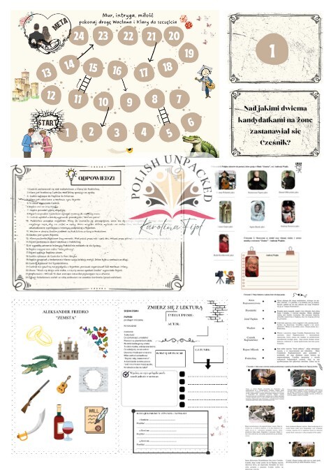 Zestaw 3 karty pracy + gra planszowa "Zemsta" Aleksander Fredro, lektura obowiązkowa, egzamin ósmoklasisty , -20%