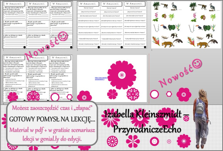 Pomysł na lekcję/karta pracy/stacje zadaniowe/notatki/ materiał do lekcji do tematu „W Amazonii” w pdf. W gratisie niekomercyjny scenariusz lekcji/pomysł na lekcję w programie genial.ly do edycji. Geografia 8. Dział „Ameryka”.
