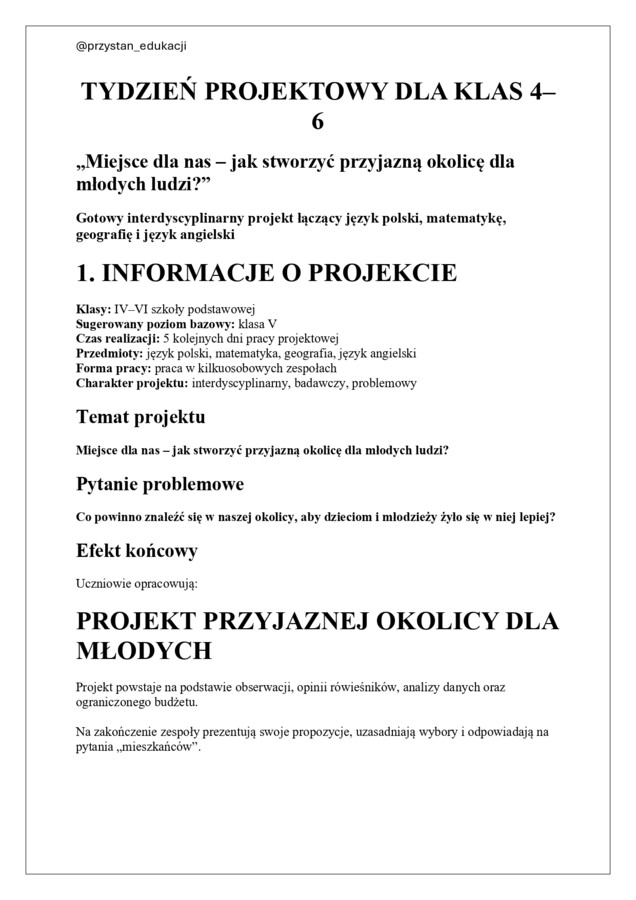 Tydzień projektowy dla klas 4–6 – projekt przyjaznej okolicy dla młodych | język polski, matematyka, język angielski, geografia - projekt interdyscyplinarny