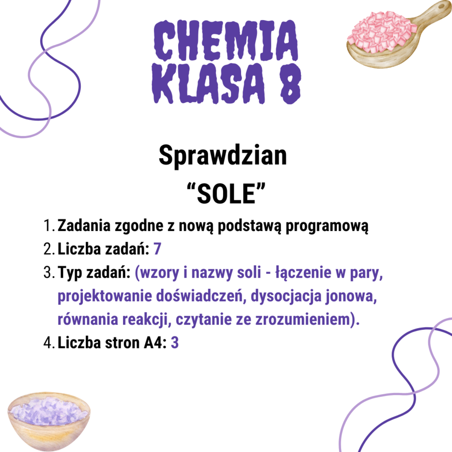 Chemia. Klasa 8. Sole. Sprawdzian wiadomości. Nowa podstawa programowa.