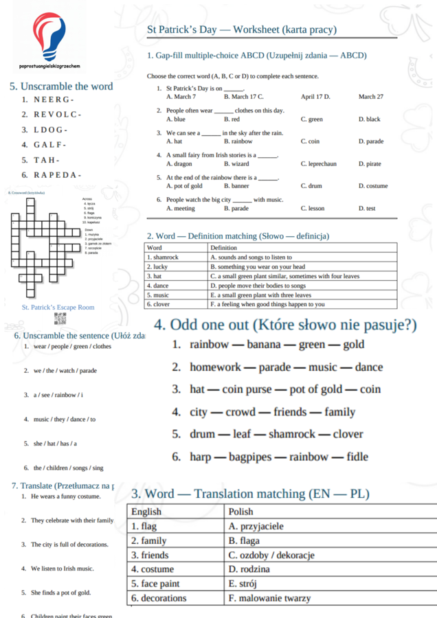 A1-A2 St. Patrick's Day - karta pracy (2026)