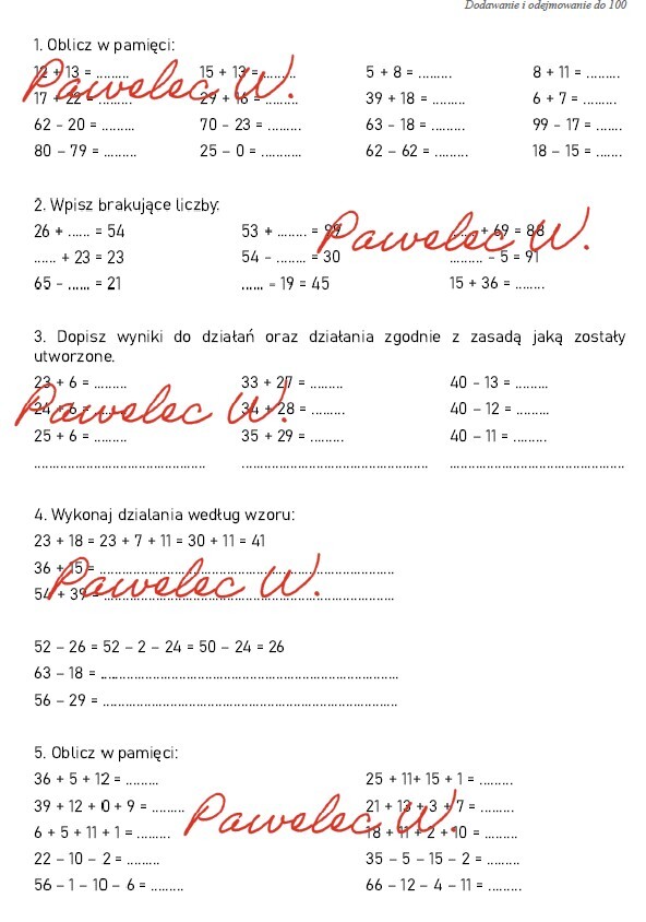 Dodawanie i odejmowanie w zakresie 100 - kl. 2, 3 - karta pracy, sprawdzian