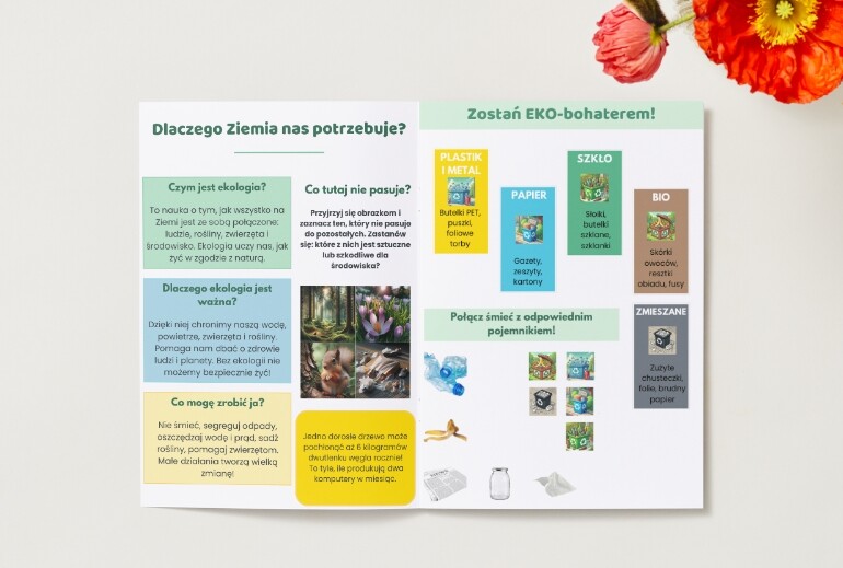Broszura. Zasady ekologii. Segregacja odpadów. Ochrona roślin i zwierząt. Oszczędzanie wody i energii.