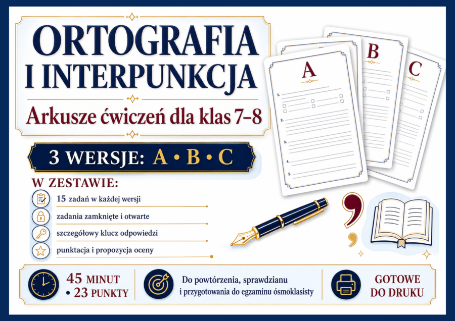 ✒️ ORTOGRAFIA I INTERPUNKCJA — sprawdziany dla klas 7–8 - 3 wersje