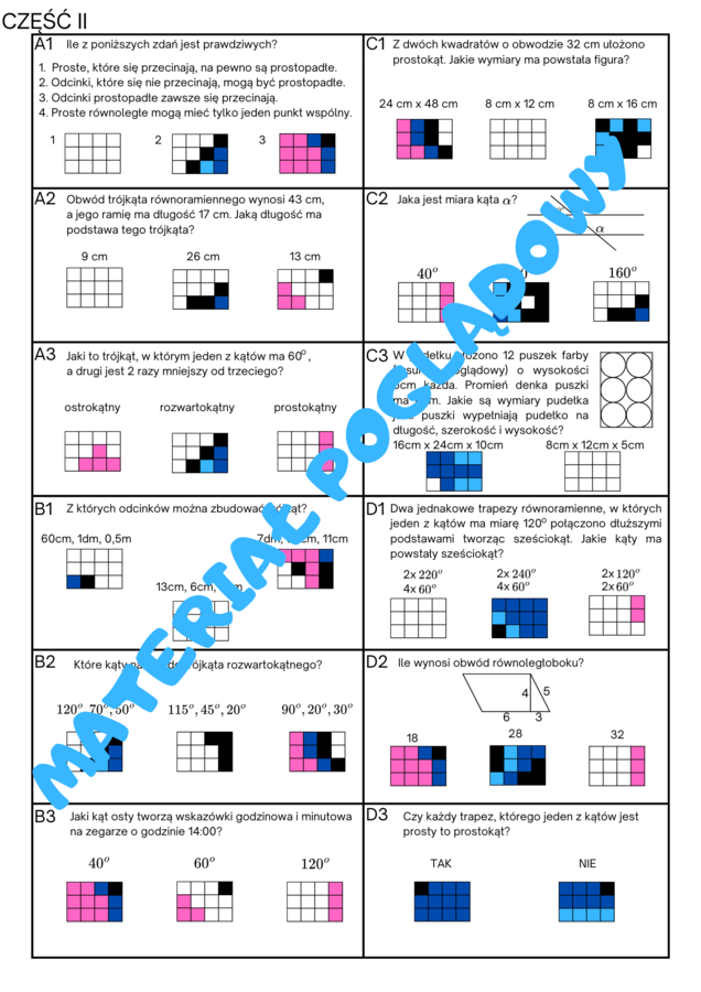 Kolorowanka xxl (nonogram) - powtórzenie wiadomości geometria. Klasa 5, klasa 6. Własności figur geometrycznych. Figury na płaszczyźnie.