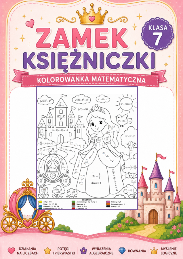 👑 Zamek Księżniczki – Kolorowanka Matematyczna | Ułamki, Potęgi, Pierwiastki, Równania i Wyrażenia Algebraiczne | Klasa 7