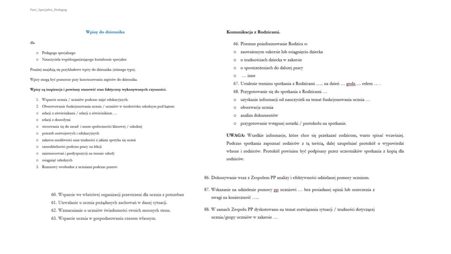 Przykładowe wpisy do dziennika. Pedagog specjalny. Pedagog.