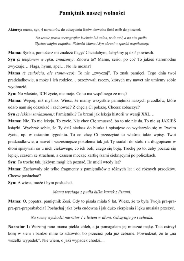 "Pamiętnik naszej wolności"- scenariusz patriotyczny dla uczniów szkół podstawowych i ponadpodstawowych