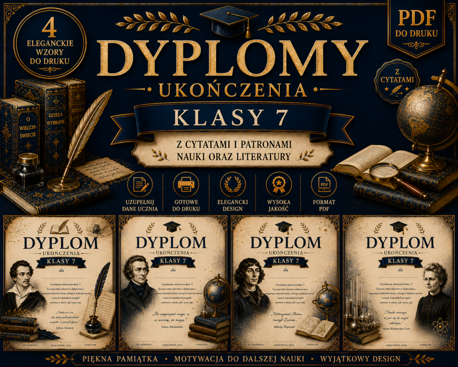 📚 Dyplomy ukończenia klasy 7 – 4 eleganckie wzory z cytatami i patronami (PDF)