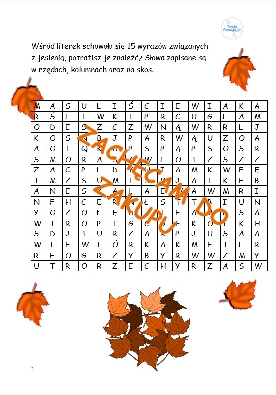 Jesienna wykreślanka- 15 słów, trening słownictwa, ortografii, koncentracji