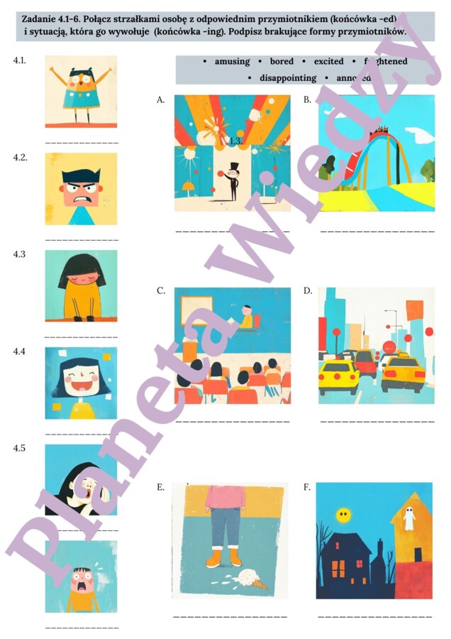 PRZYMIOTNIKI (EMOCJE)– Zbiór zadań do egzaminu ósmoklasisty z języka angielskiego. Poziom A2/A2+ – przymiotniki opisujące uczucia i emocje, ćwiczenia: końcówki -ing/-ed, przymiotniki zaprzeczające (unamused, unexciting), wypełnianie luk w tekście, tworze