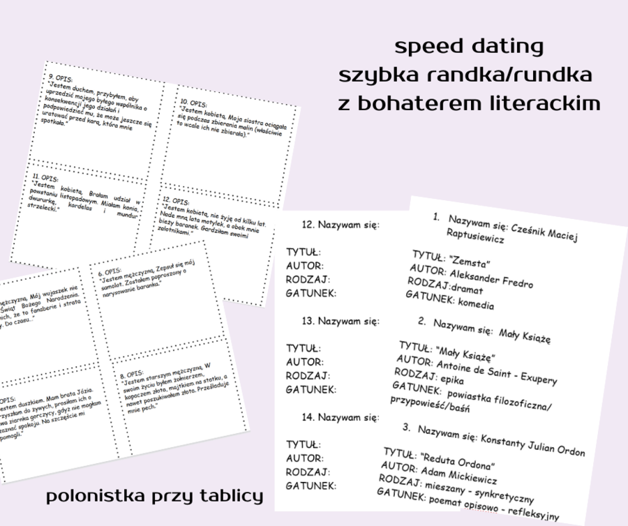 speed dating (szybka randka, rundka) z bohaterem literackim - powtórzenie z lektur klasa 7 przesiadka lekcja w ruchu