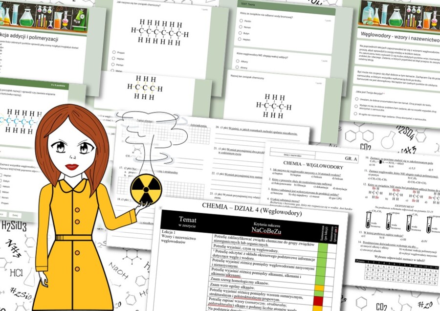 Chemia. Klasa 8. Węglowodory. Kompletny PAKIET materiałów do całego działu dla nauczyciela. Prezentacja. Karta pracy. Gra dydaktyczna. Zadanie. Sketchnotka. Powtórzenie wiadomości. Kartkówka. Sprawdzian.