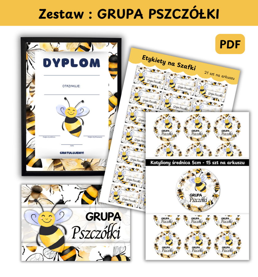 Zestaw Etykiety, Medaliony, Dyplom, Naklejka z nazwą grupy - Dla Grupy Pszczółki