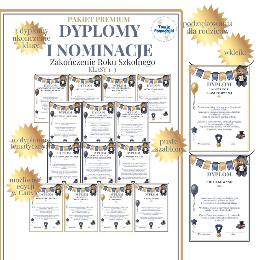 🌟Dyplomy i nominacje  PREMIUM dla klas 1-3 na koniec roku szkolnego
