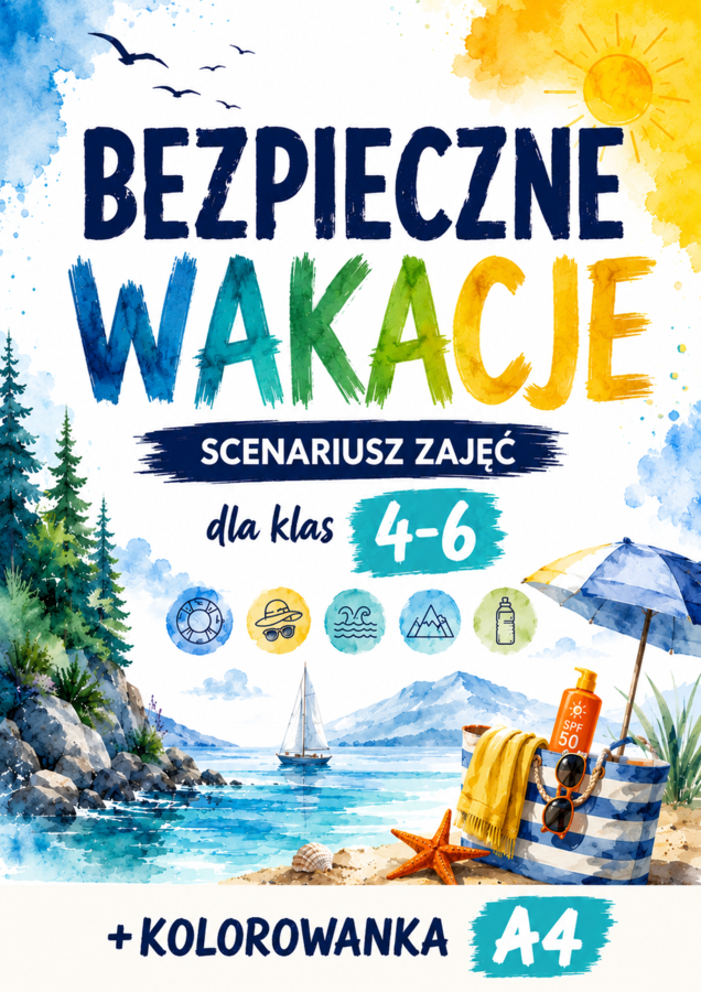 BEZPIECZNE WAKACJE - pakiet: scenariusz zajęć dla klas 4–6 + kolorowanka A4
