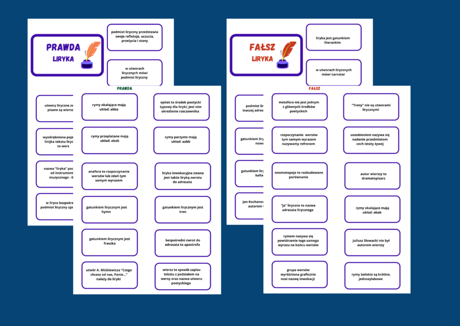LIRYKA - prawda/fałsz - 46 fiszek- rodzaje literackie - powtórka