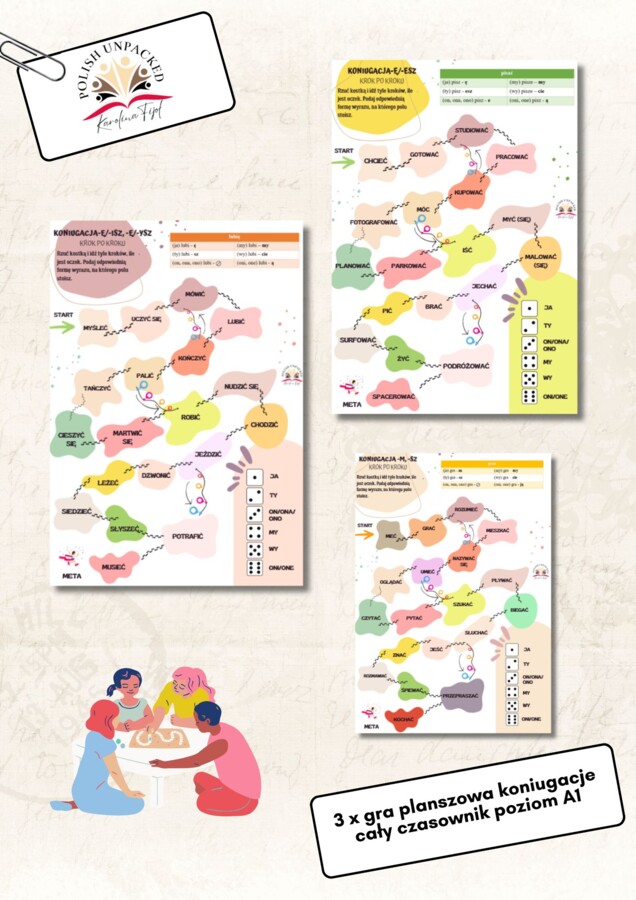 Zestaw gier planszowych koniugacja czasownika na poziomie A1, jezyk polski jako obcy