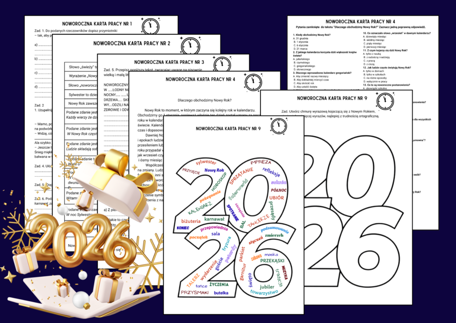 🎆 NOWOROCZNE KARTY PRACY  – nauka z motywem Nowego Roku 🎉 - 9 kart + odpowiedzi