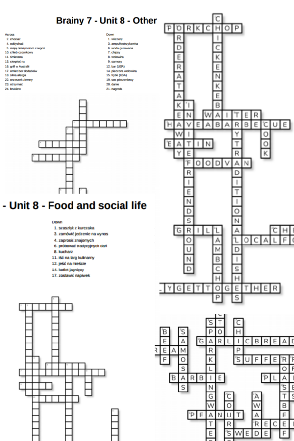 Brainy 7 – Unit 8 – krzyżówki – Food and health/Food and social life/Other