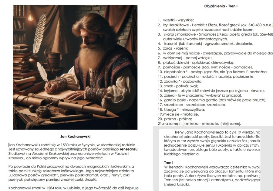 Jan Kochanowski - Treny I, V, VII, VIII - opracowanie i archaizmy,