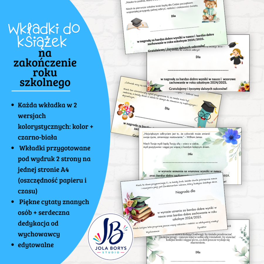 Wkładki do książek na zakończenie roku szkolnego - dla klas 1–8 szkoły podstawowej NOWE 2025/206 - edytowalne