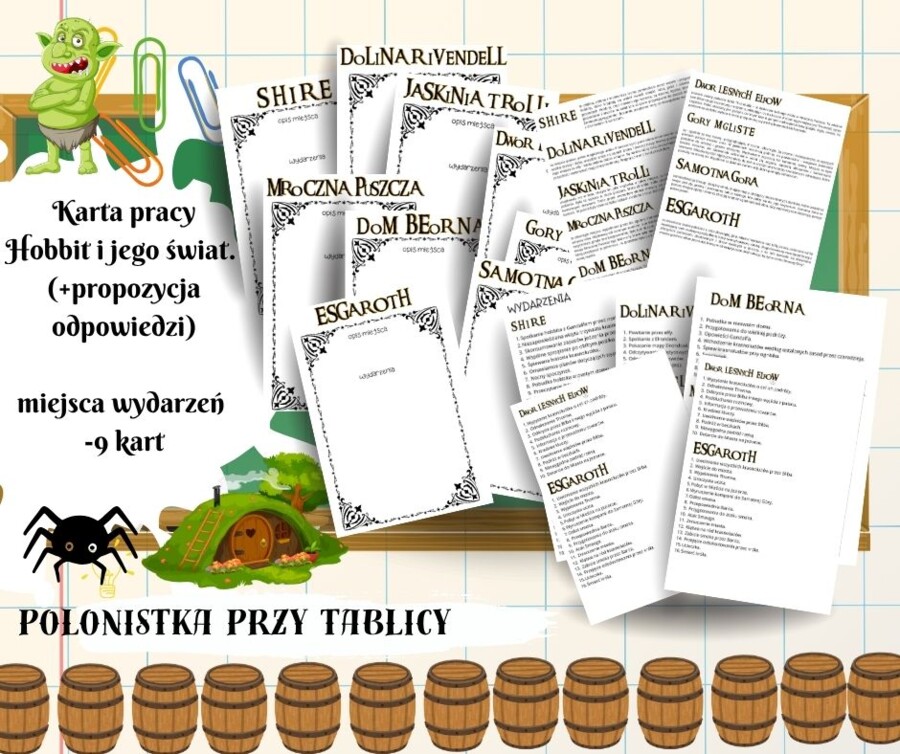 Hobbit i jego świat. Miejsca wydarzeń. 9 kart pracy + propozycja rozwiązań. Karta pracy