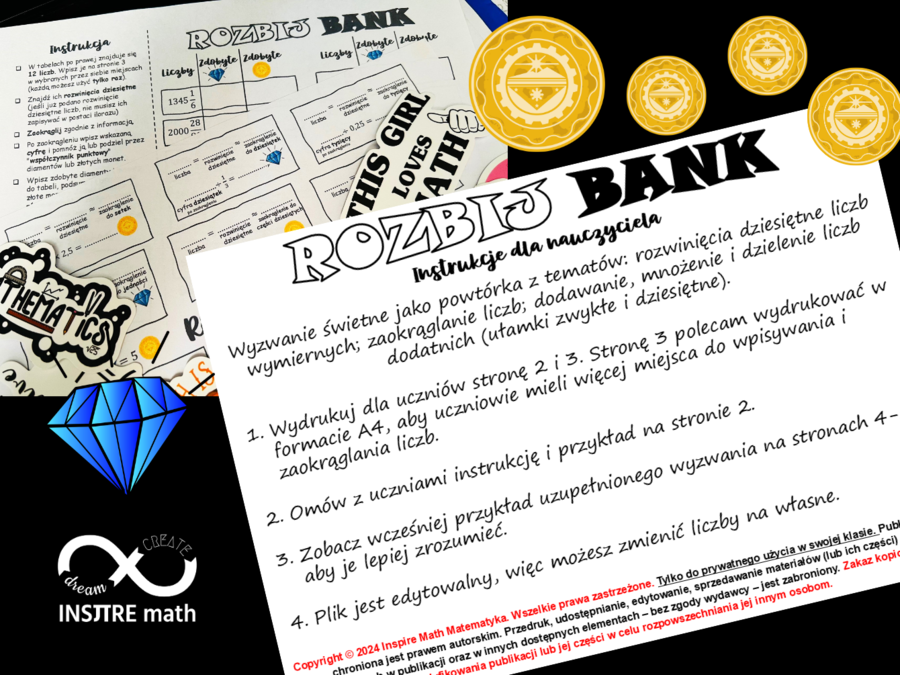 Matematyczne wyzwanie Rozbij Bank: rozwinięcia dziesiętne liczb wymiernych, zaokrąglanie liczb, działania na ułamkach.